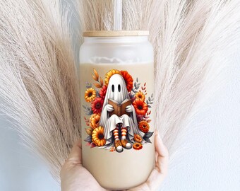 Halloween Ghost Iced Coffee Glass Cup with Lid and Straw