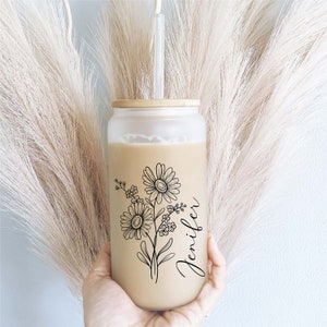 Wild Flower Iced coffee cups with Name Glass tumbler Bridesmaid Proposal iced coffee glasses iced coffee glass cup lid straw Floral cups