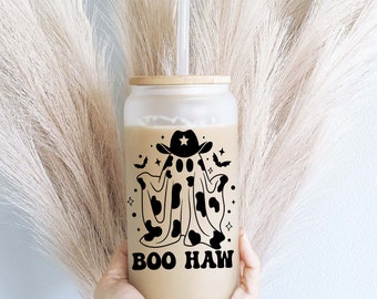 Halloween Iced coffee Glass cup with lid and straw Halloween glass can iced coffee glass Coffee Tumbler Halloween ghost  glass cup soda can