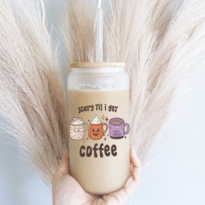 Halloween coffee Iced coffee Glass cup with lid and straw Halloween glass can iced coffee glass Coffee Tumbler Halloween ghost glass cup