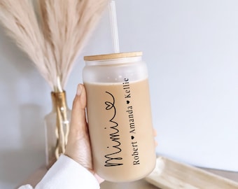 Personalized Mom Glass with kids name Cup: Iced Coffee Tumbler with Straw & Lid