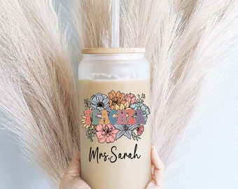 Personalized teacher iced coffee cup Lid & straw Custom Teacher gifts Teacher coffee cup with name Teacher Christmas gift Teacher coffee mug