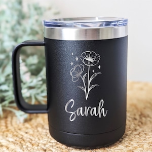 Personalized Birth Flower Coffee Cup: Engraved Insulated 15oz Mug