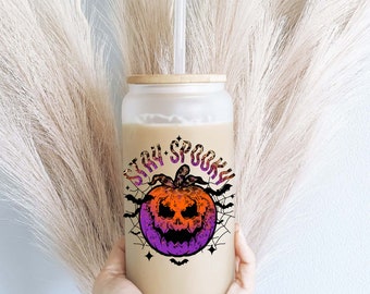 Halloween Iced coffee Glass cup with lid and straw Stay spooky Halloween glass can iced coffee glass Coffee Tumbler Halloween pumpkin glass
