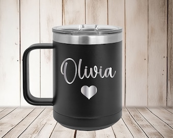 Personalized Insulated coffee mug with lid Birthday gift Cup for niece Friend Coworker gift idea Custom name Coffee tumbler with handle 15oz