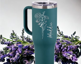 Personalized Birth Flower Cup With Name and Handle  engraved 40 oz Customized Birth Flower Tumbler Bridesmaid Proposal Party Cups Travel Mug