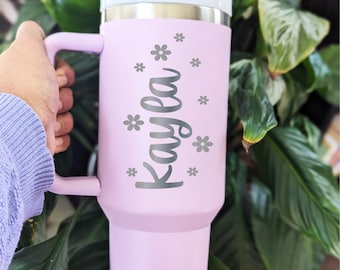 Custom Name 40 oz Tumbler Birthday gift : Floral Engraved Travel Cup Coworker