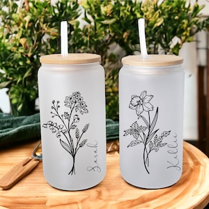 Personalized Birth month Flower iced coffee cup with Lid straw Bridesmaid proposal gift tumbler Bachelorette party favor flower glass cup