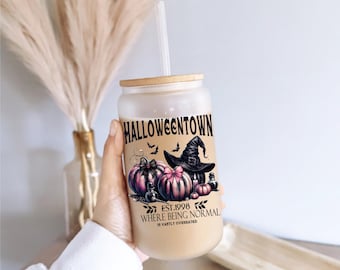 Halloween Town Iced Coffee Glass Cup with Lid & Straw