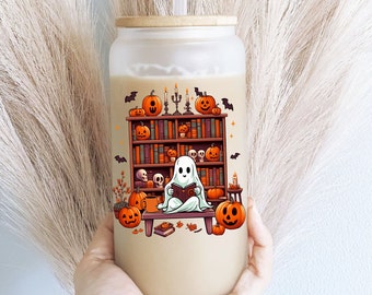Halloween Ghost reader Iced Coffee Glass Cup with Lid and Straw