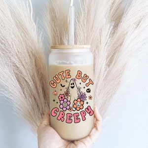 Creepy Retro ghost  Halloween Iced coffee Glass cup with lid and straw Halloween glass can iced coffee glass Coffee Tumbler Halloween cups