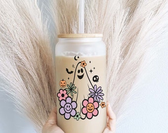 Halloween Iced coffee Glass cup with lid and straw Halloween glass can iced coffee glass Coffee Tumbler Halloween ghost  glass cup soda can