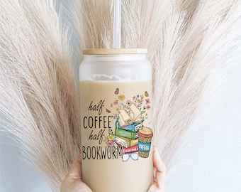 Half book half bookworm Iced coffee glass with lid and straw Iced coffee cups coffee glass cup frosted Soda can Tumblers book gift Book cup