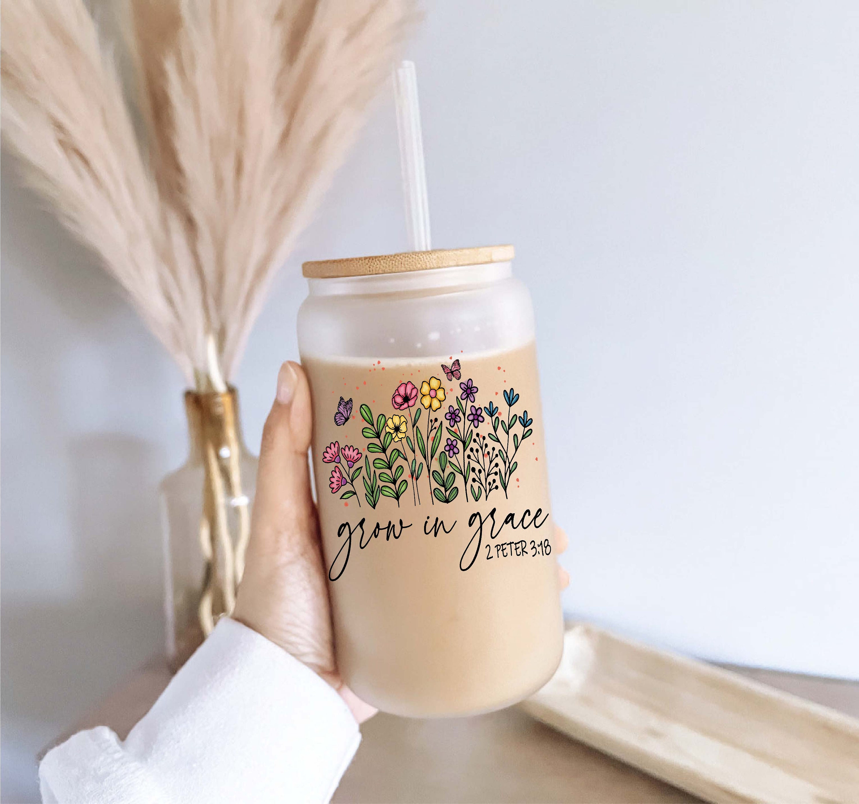 Grow in Grace Iced Coffee Glass Cup With Lid and Straw Praying Mom Gift ...