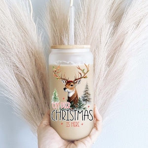 Oh deer Christmas is here Iced coffee glass cup with lid and straw Christmas coffee glass Christmas gift tumbler Holiday iced coffee cups
