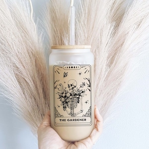 Skeleton gardener Iced coffee cup with lid and straw Tarot card Iced coffee glass Iced coffee tumbler Plant lover gift  Gardening mom gift