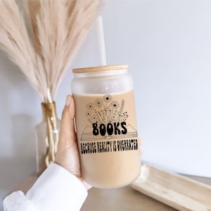 Books because Iced coffee glass with lid and straw Iced coffee cup Sarcastic Iced coffee glass cup frosted can Tumbler Iced coffee glass