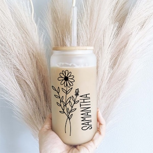 Personalized Birth month Flower with Name Iced coffee cups Glass tumbler Bridesmaid Proposal iced coffee glasses iced coffee glass cup lid
