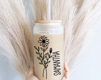 Personalized Birth month Flower with Name Iced coffee cups Glass tumbler Bridesmaid Proposal iced coffee glasses iced coffee glass cup lid