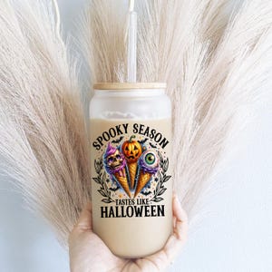 Spooky season Halloween coffee Iced coffee Glass cup with lid Halloween glass can iced coffee glass Coffee Tumbler spooky ice cream cup
