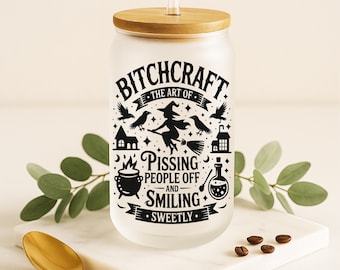 Funny Witch Frosted Glass Can Cup: Bitchcraft Halloween Iced Coffee Tumbler