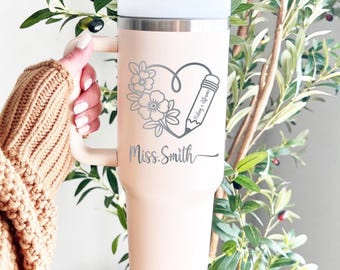 Personalized Teacher Tumbler: Floral Pencil Design, Stainless Steel Travel Mug