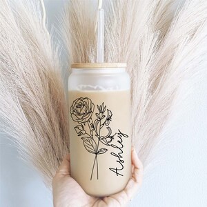 Personalized Birth month Flower with Name Iced coffee cups Glass tumbler Bridesmaid Proposal iced coffee glasses iced coffee glass cup lid