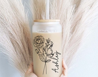 Personalized Birth month Flower with Name Iced coffee cups Glass tumbler Bridesmaid Proposal iced coffee glasses iced coffee glass cup lid