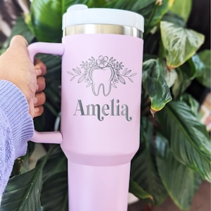 Personalized Dental Tumbler with Floral Tooth Design  Custom Cup for Dentist Hygienist, Assistant Dental Office Gift Idea Custom RN Gift