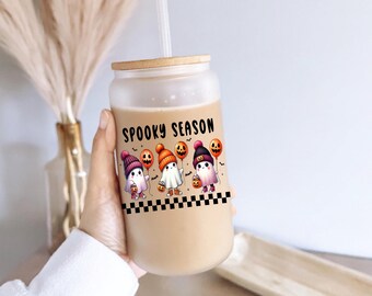 Halloween Ghost with beanie Iced Coffee Cup: 16oz Glass Tumbler with Straw