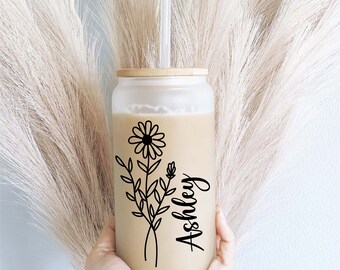 Personalized Birth month Flower with Name Iced coffee cups Glass tumbler Bridesmaid Proposal iced coffee glasses iced coffee glass cup lid