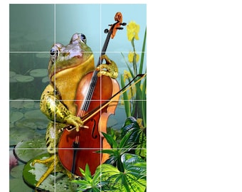 frog playing bass cello swamp music funny animal ceramic accent Tile Mural Medallion BACKSPLASH outdoor water garden decor