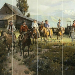 Western Tile Country Western Cowboys Horses Cabin Ceramic Tile Mural Backsplash ...