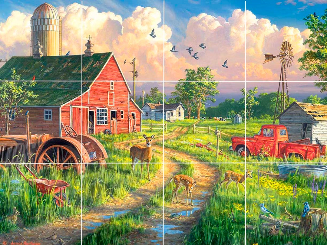 Farm Country Morning With Deer Red Truck Cows Farm Animal Barn Wildlife