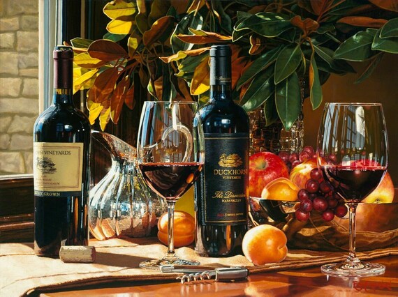 Naturaleza muerta elegantes vinos finos frutas exóticas - Etsy México