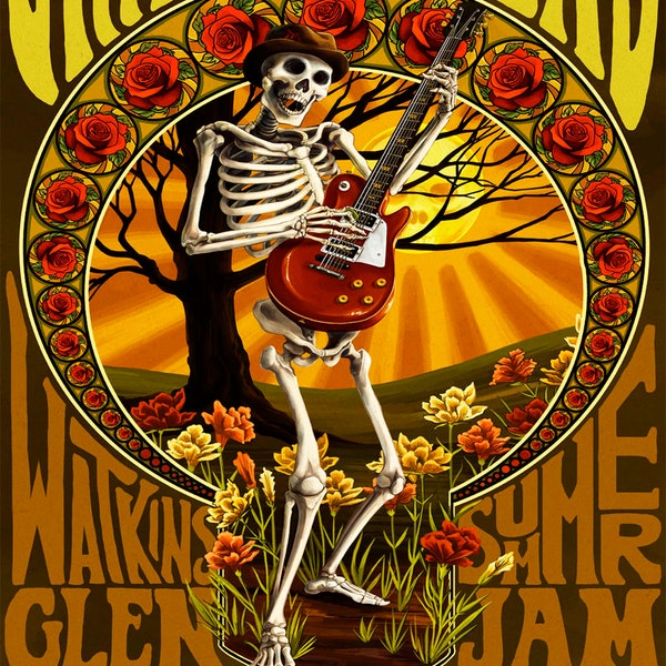 Framed canvas art print giclée or poster - grateful dead summer jam July 1973 skeleton roses.- impressive quality. ready to hang.