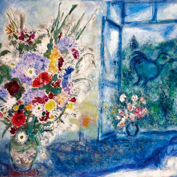 Lienzo enmarcado con impresión giclée o póster - Marc Chagall Bouquet pres de la fenetre - Calidad impresionante. listo para colgar