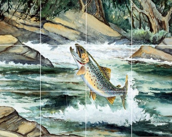 Brown Trout fishing fish accent ceramic tile art mural kitchen backsplash medallion behind stove