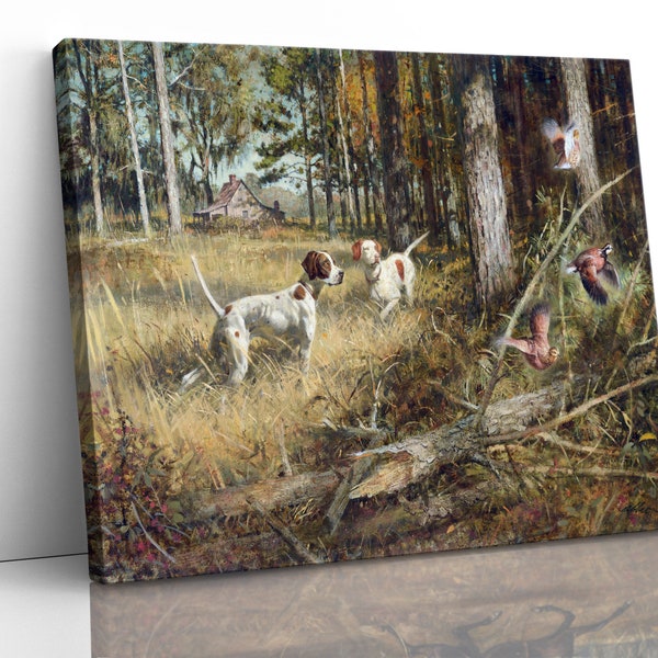 Robert abbett windfall dog hunting quail bird country western stretched Canvas art print giclée or poster- ready to hang- impressive quality