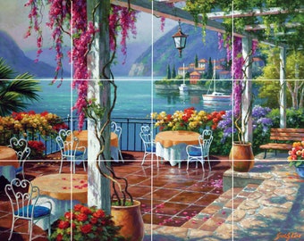 Charming lago di como Mediterranean terrace view Italy romantic outdoor food café garden ceramic tile art mural kitchen backsplash medallion