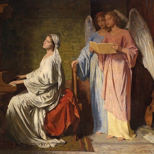 St Cecilia Playing Accompanied by Angels, 1886 Stretched Canvas art Print giclée - Matte finish impressive quality ready to hang