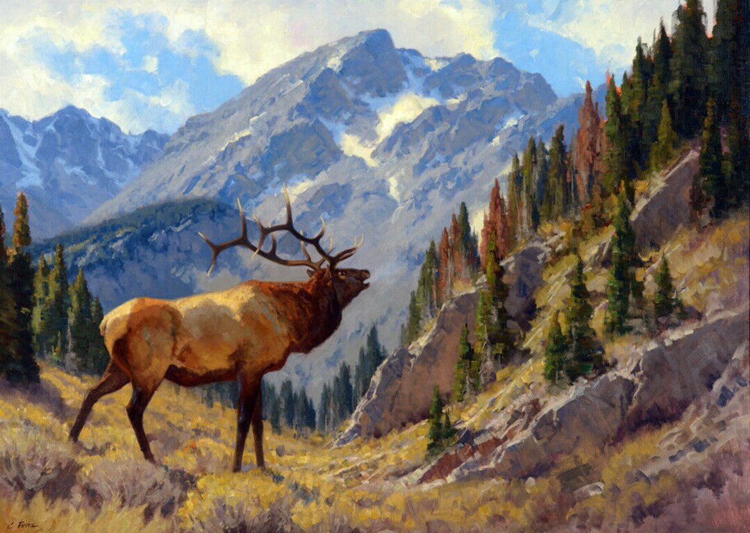 Framed Canvas Art Print Giclée, Bugling Elk Deer in Mountain Landscape ...