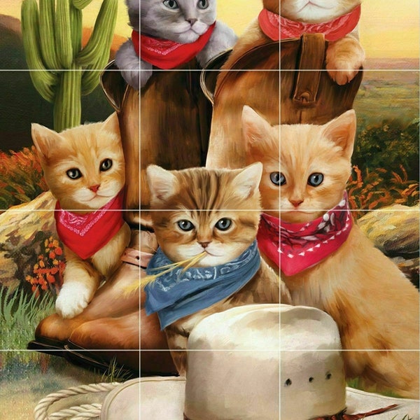 country western cats kitten cowboy boots hat Ceramic tile mural backsplash