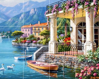 Vue romantique captivante sur l'Italie Villa sur la baie avec vue sur l'océan, le lac d'Amalfi, le jardin naturel, le médaillon, la décoration murale, la cuisine,