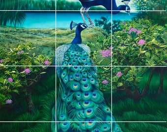 two blue peacocks in garden exotic bird garden ceramic tile art mural backsplash medallion swimming pool countertop