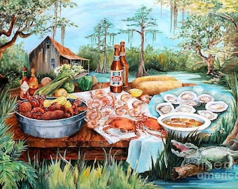 Louisiana feast food crab shrimp seafood culture New Orleans southern ceramic art tile mural backsplash kitchen medallion behind stove