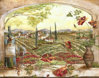 View of Tuscany Italy kitchen wine poppy garden ceramic tile mural backsplash medallion