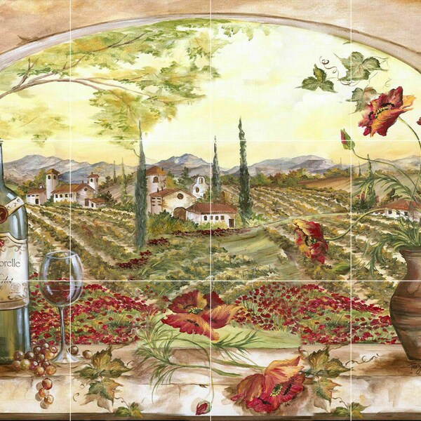 Veduta della Toscana Italia cucina vino papavero giardino piastrelle di ceramica murale medaglione backsplash