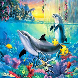 Dolphins tropical fish waterfall sunrise ocean sea Ceramic tile mural backsplash