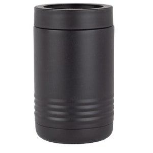 May include: A black stainless steel can cooler with a ribbed design.